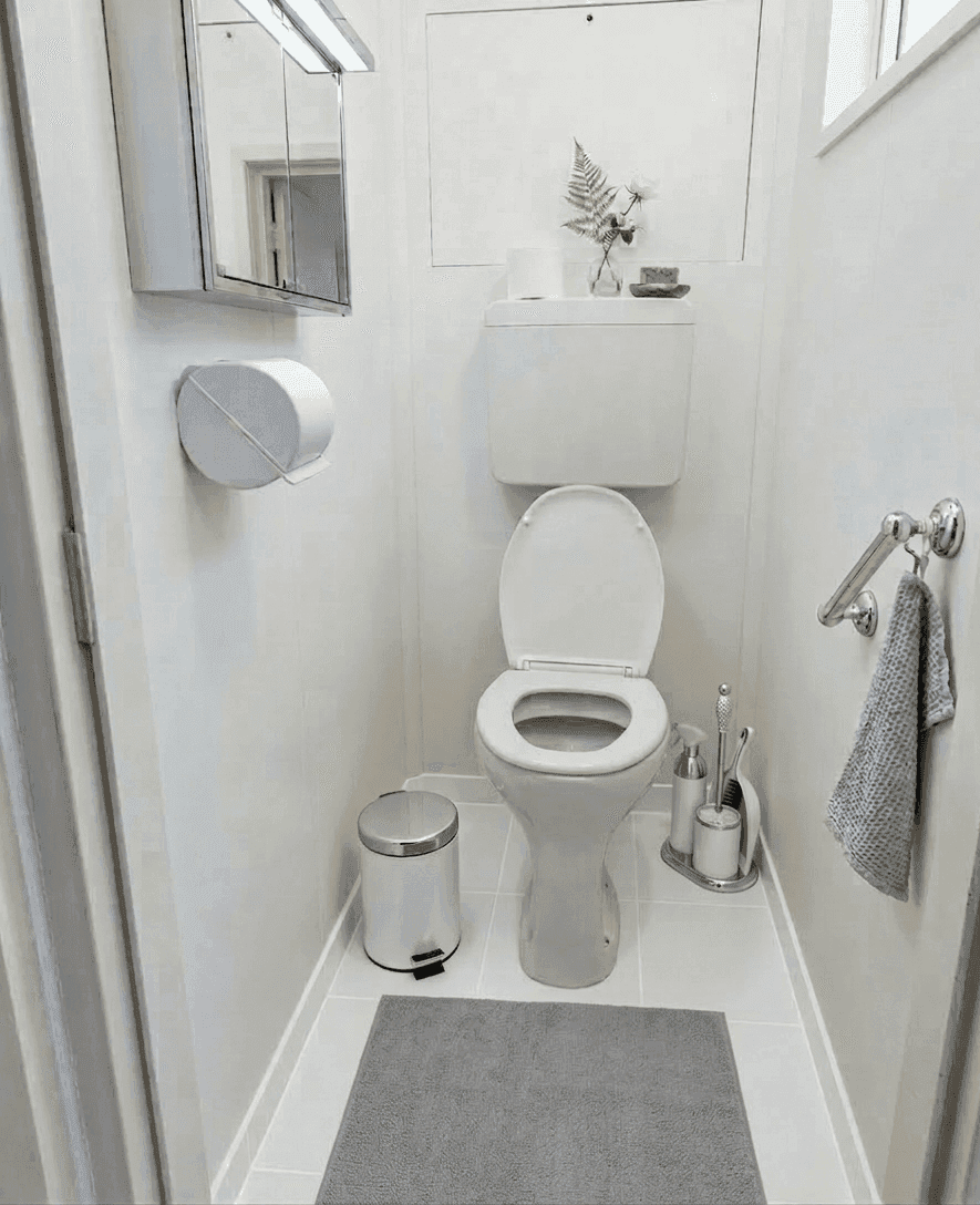 Kleines separates WC mit Toilette, Spiegelschrank und Haltegriffen.