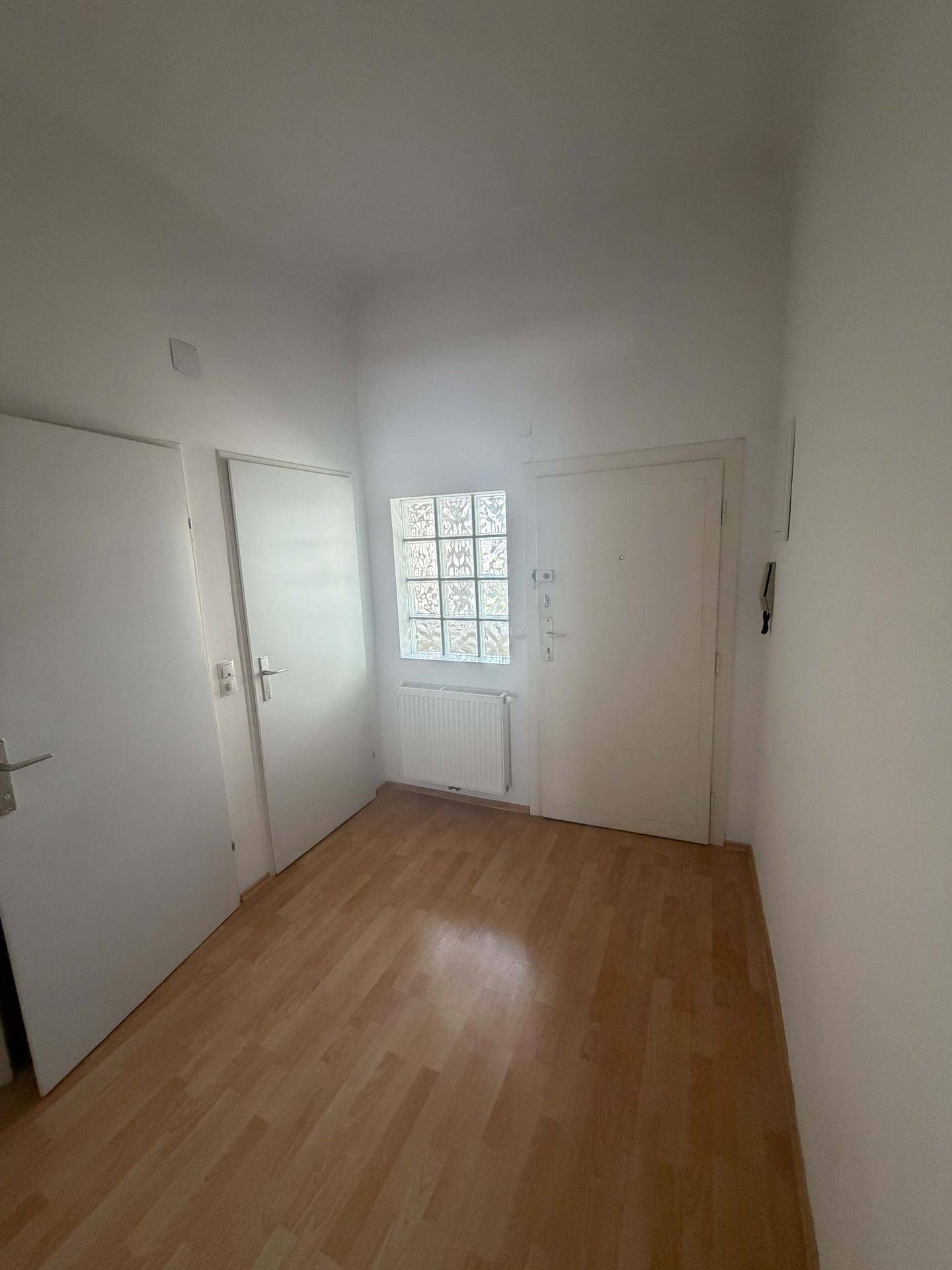Eingangsbereich mit Laminatboden, weißer Tür und dekorativem Glasbausteinfenster.