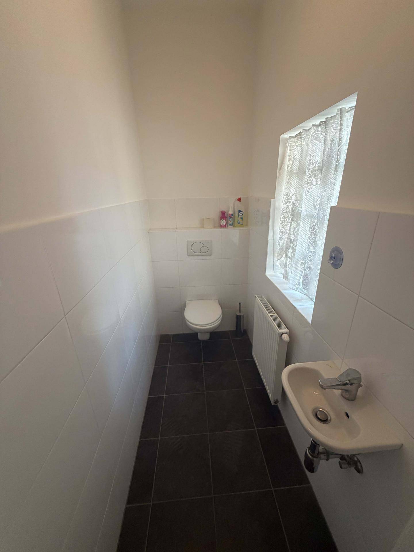 Separates WC mit wandhängender Toilette, kleinem Waschbecken und Fenster.
