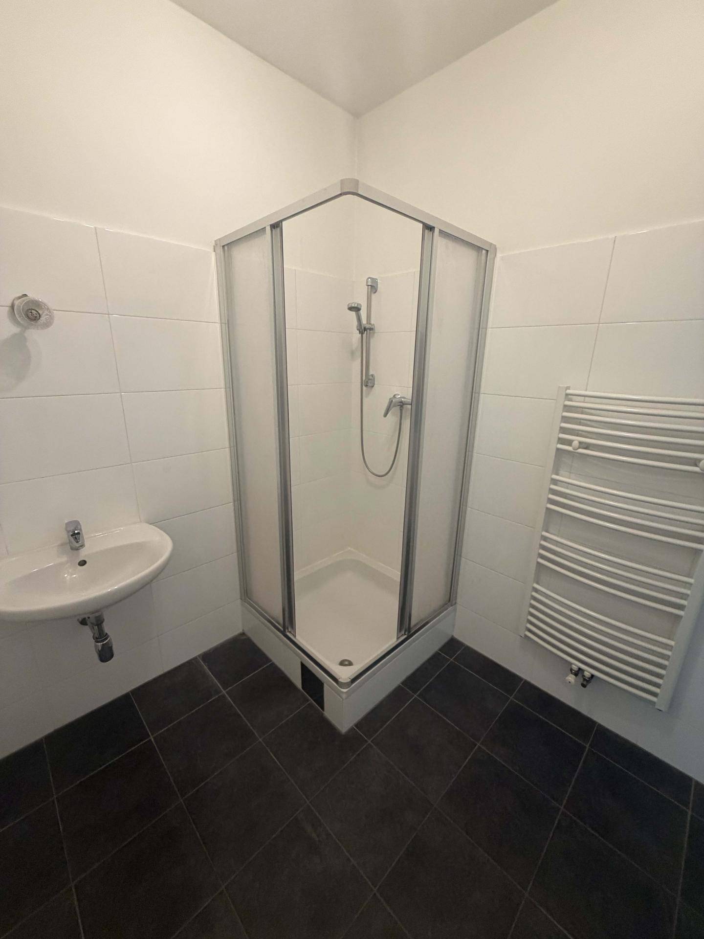 Badezimmer mit Duschkabine, Waschbecken und praktischem Handtuchheizkörper.