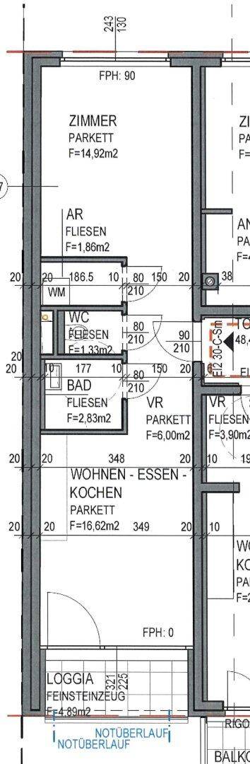 Ausschnitt eines Grundrisses mit detaillierten Raummaßen und Bezeichnungen für Parkett und Fliesen.