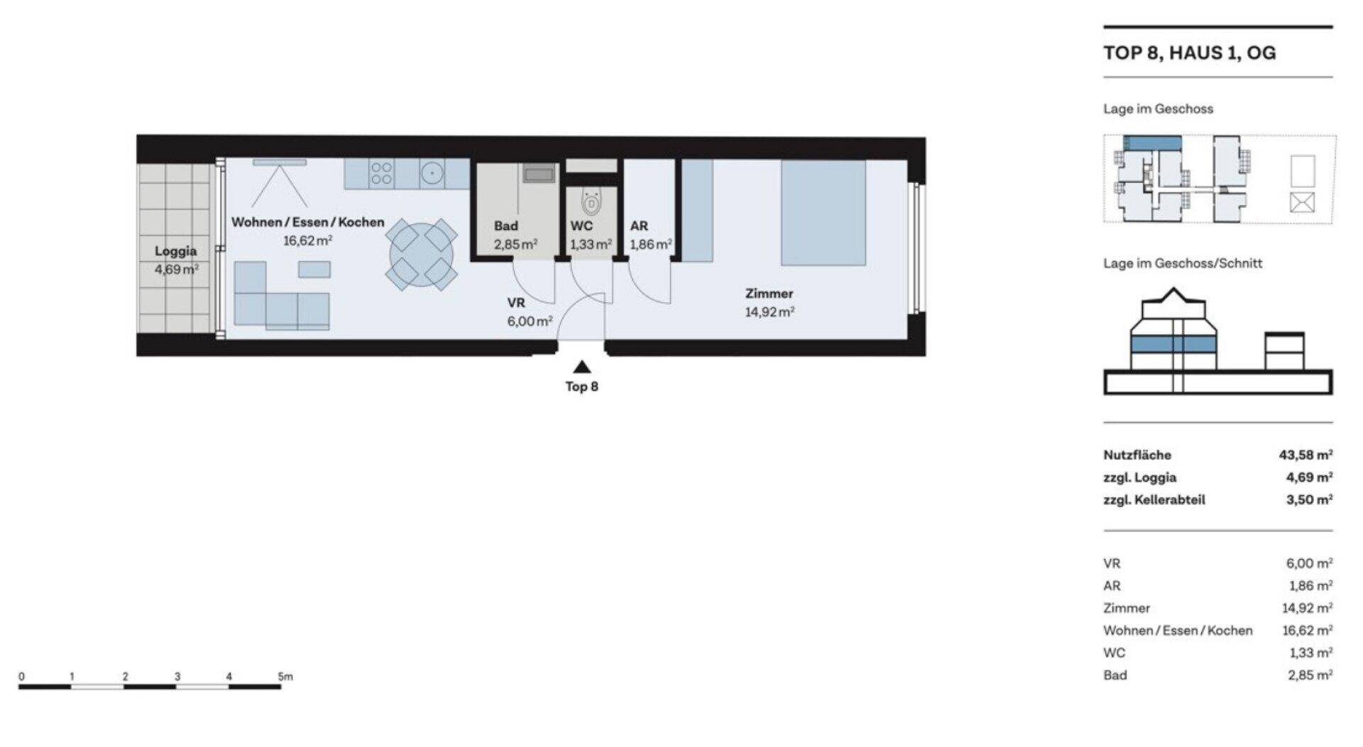 Detaillierter Grundriss einer Wohnung mit Loggia, Schlafzimmer und offenem Wohnbereich.