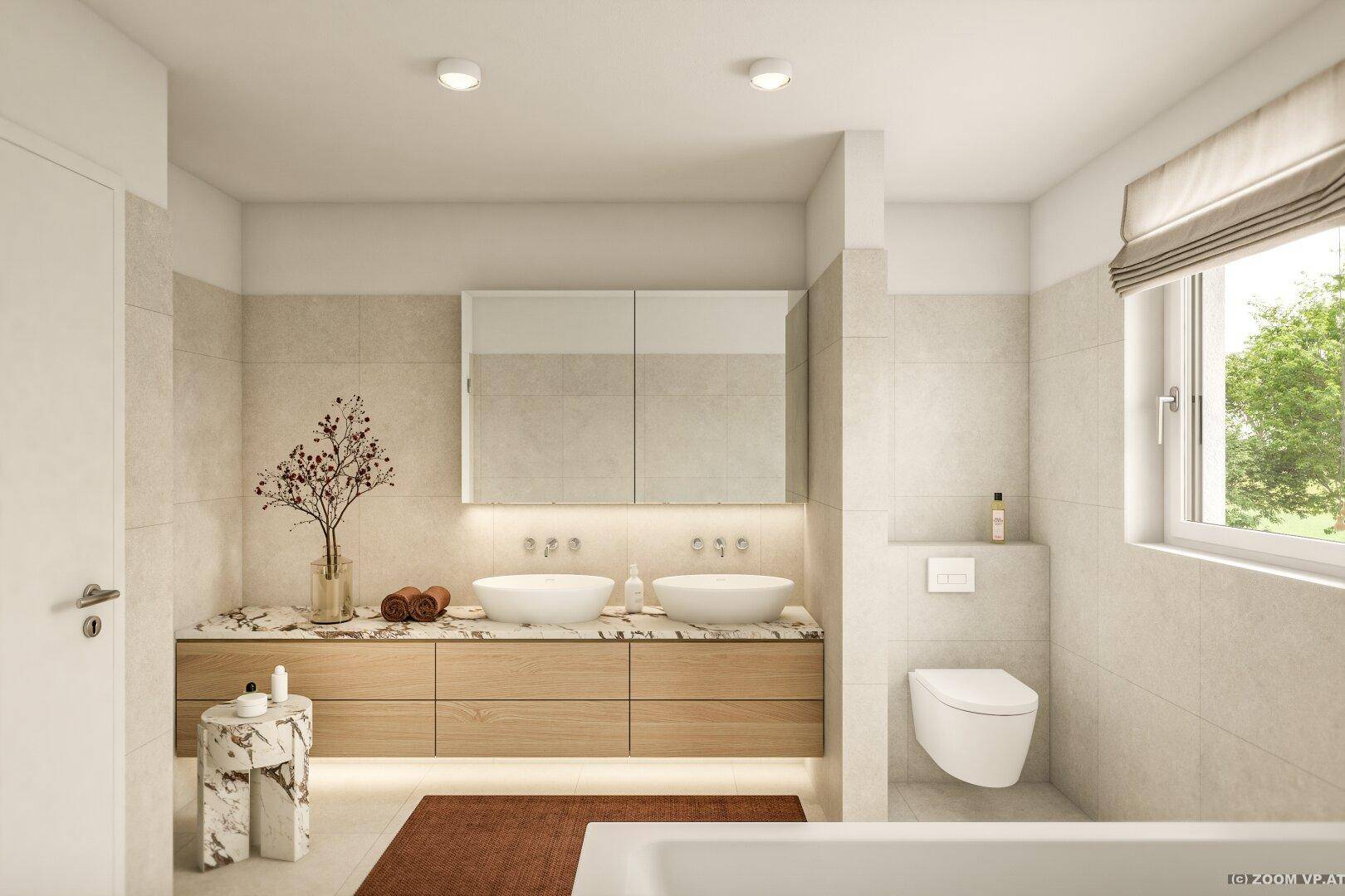 Modernes Badezimmer mit Doppelwaschbecken, Holzunterschrank und großformatigen Fliesen.