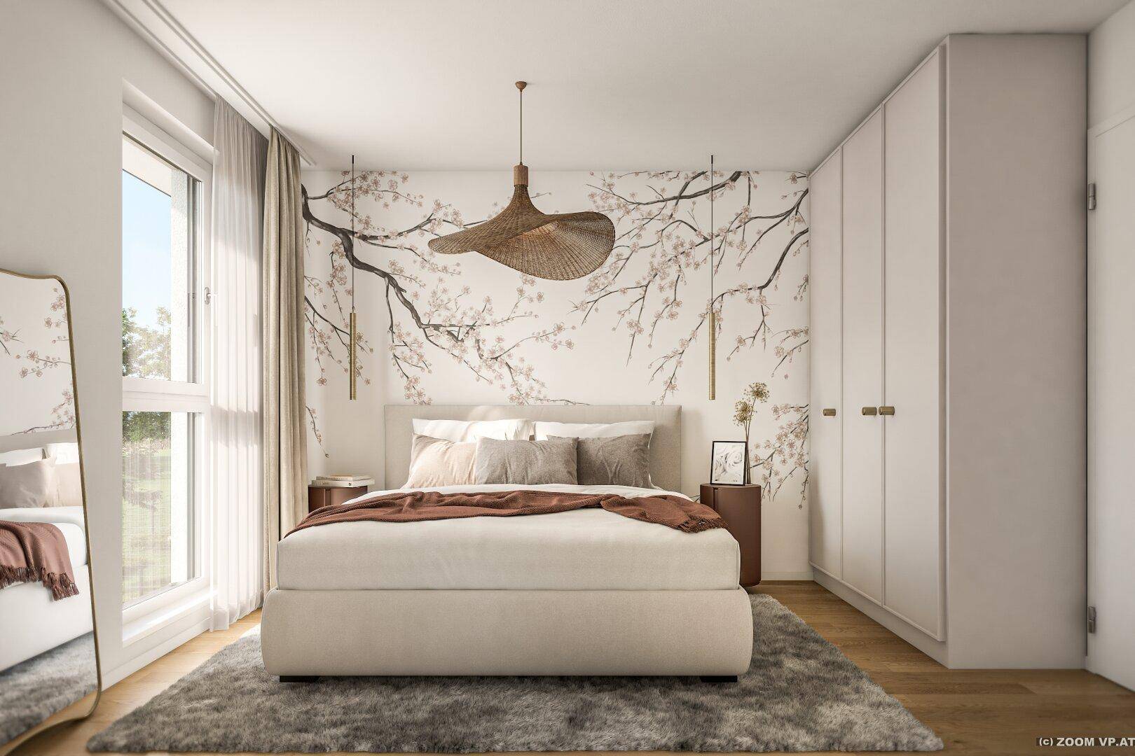 Modernes Schlafzimmer mit dekorativer Wandgestaltung, Holzboden und Einbauschränken.