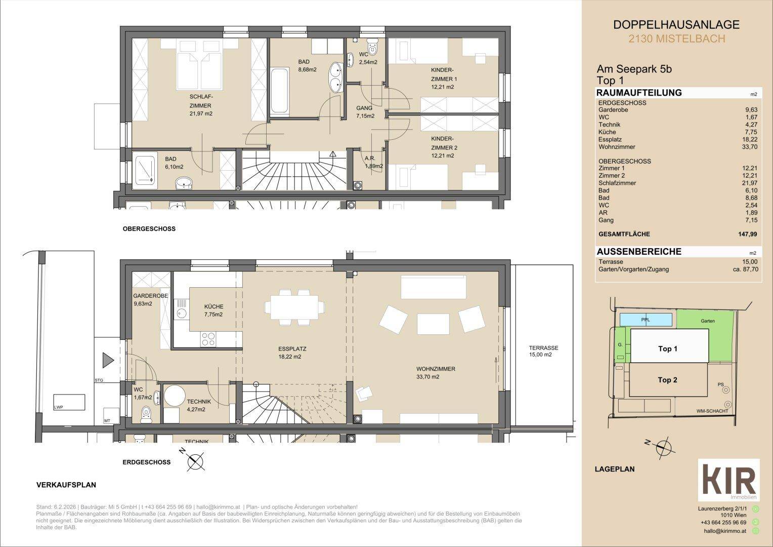 Detaillierter Grundriss mit Raumaufteilung, Flächenangaben und Lageplan des Anwesens.
