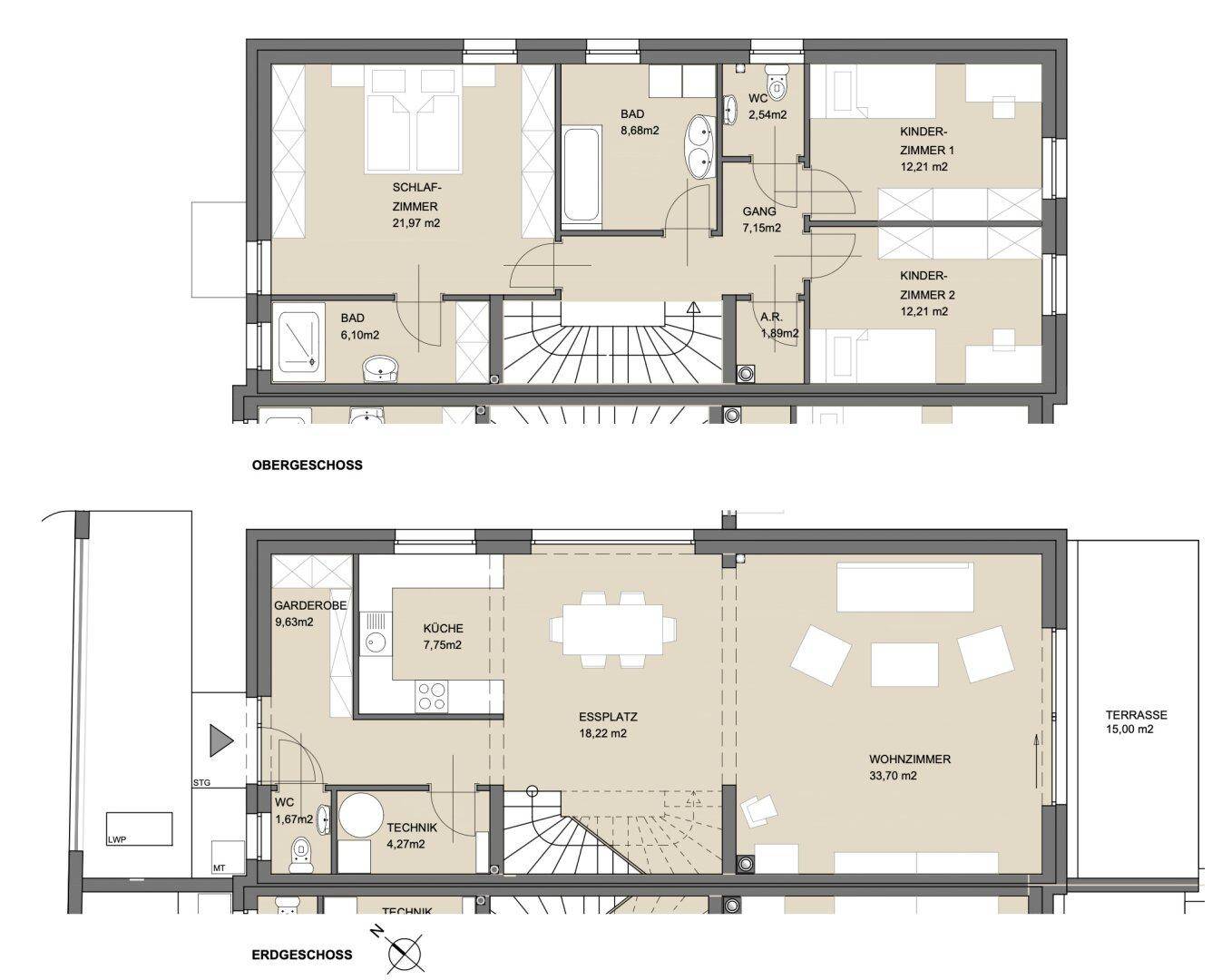 Grundriss zeigt Erdgeschoss und Obergeschoss mit Wohnzimmer, Küche, Schlafzimmern und Terrasse.