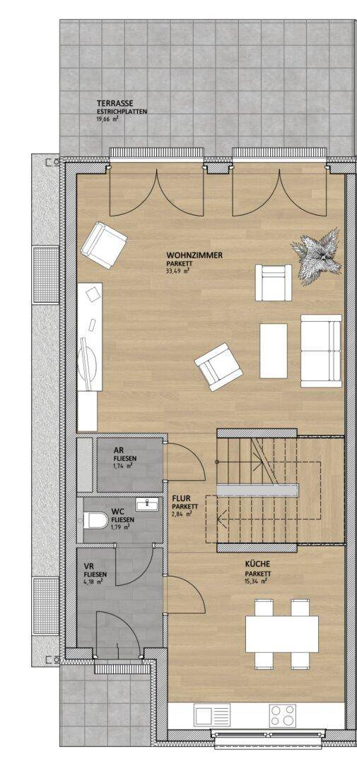Grundriss des Erdgeschosses mit Wohnzimmer, Küche, WC und großer Terrasse.