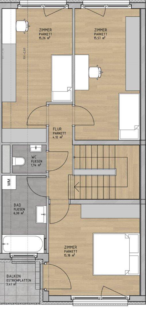Grundriss des Obergeschosses mit drei Zimmern, Badezimmer und einem Balkon.