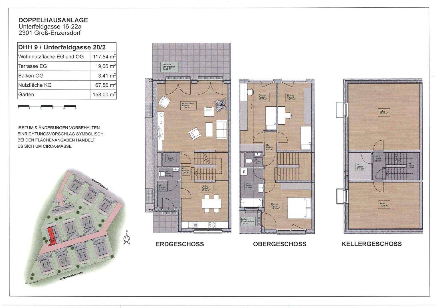 Gesamtübersicht der Grundrisse für Erdgeschoss, Obergeschoss und Keller mit Lageplan.