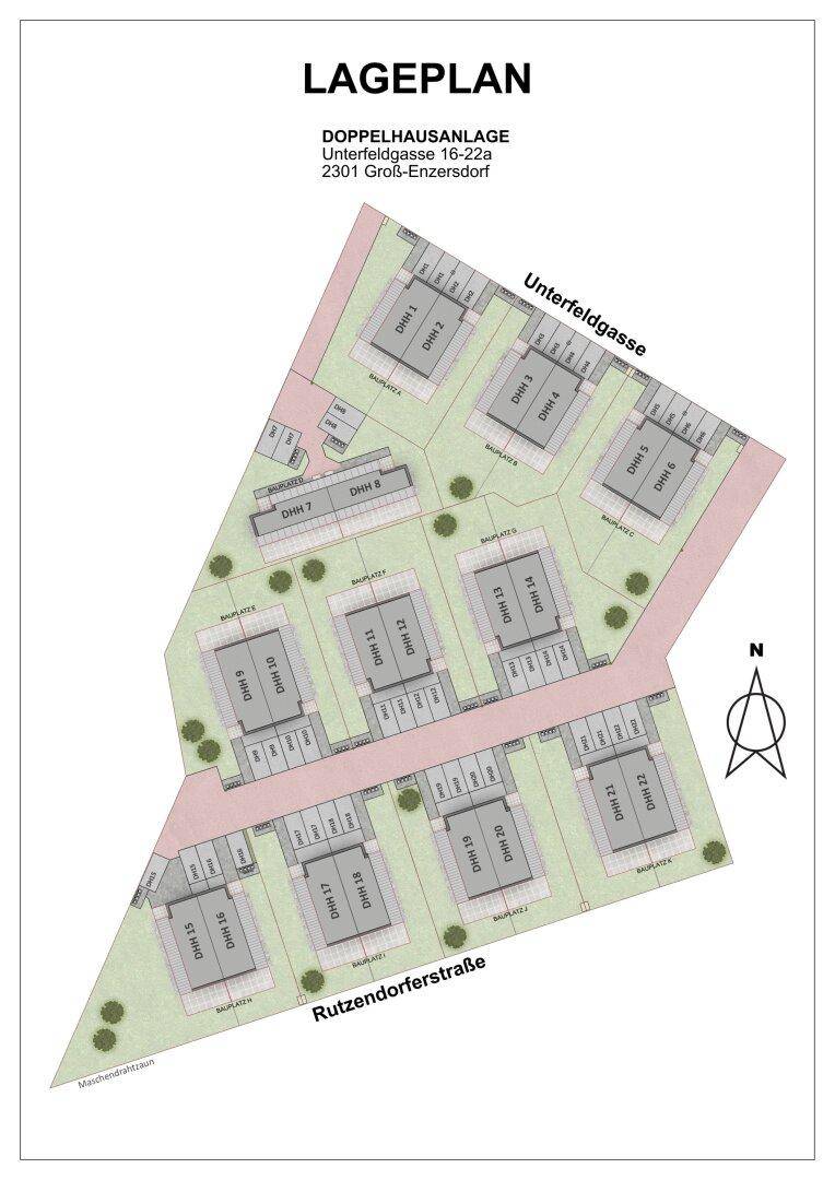 Lageplan einer Doppelhausanlage mit mehreren Wohneinheiten, Gärten und Parkplätzen.