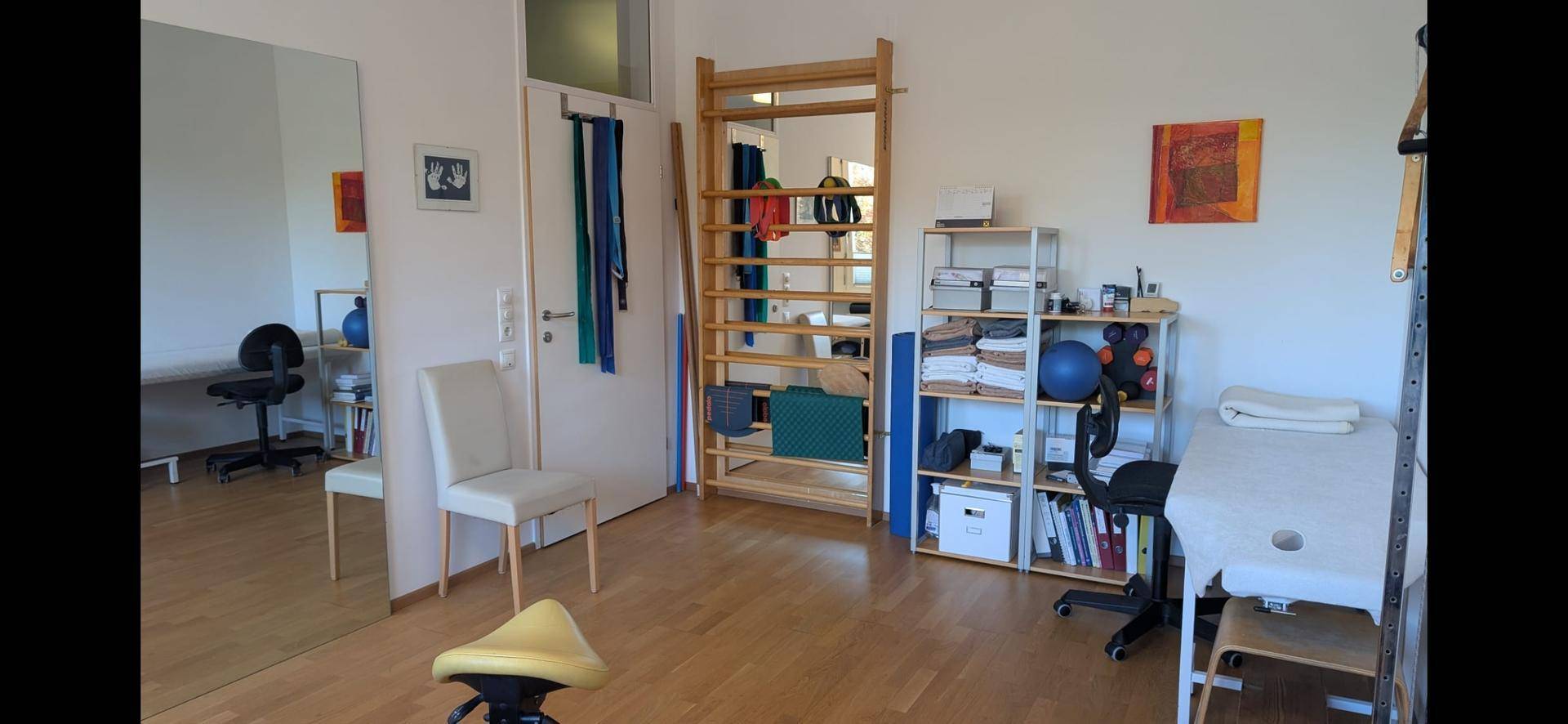 Geräumiger Therapieraum mit Sprossenwand, Spiegelwand und praktischen Aufbewahrungslösungen für Sportgeräte.