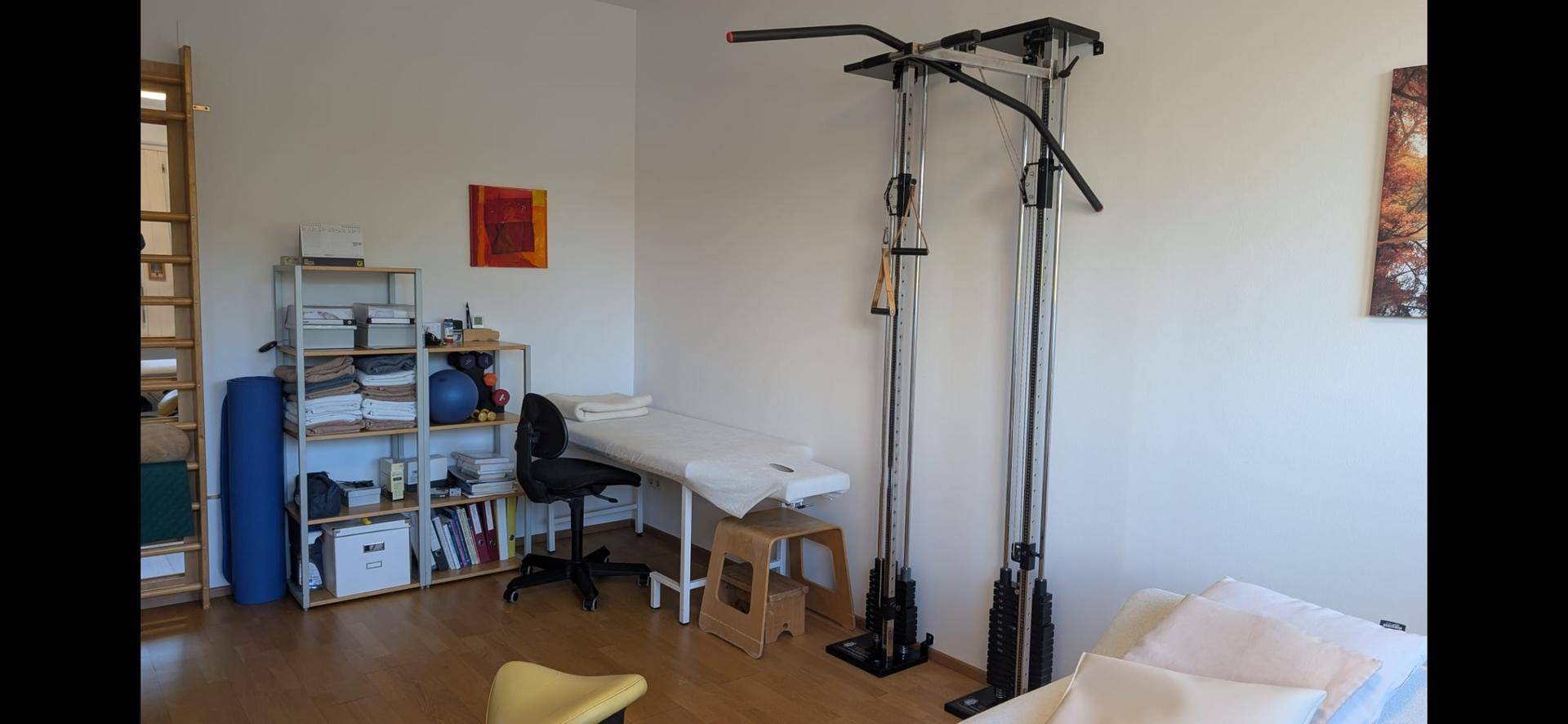 Funktionaler Therapieraum mit Regalen, Schreibtisch und weiteren Trainingsgeräten für vielseitige Anwendungen.