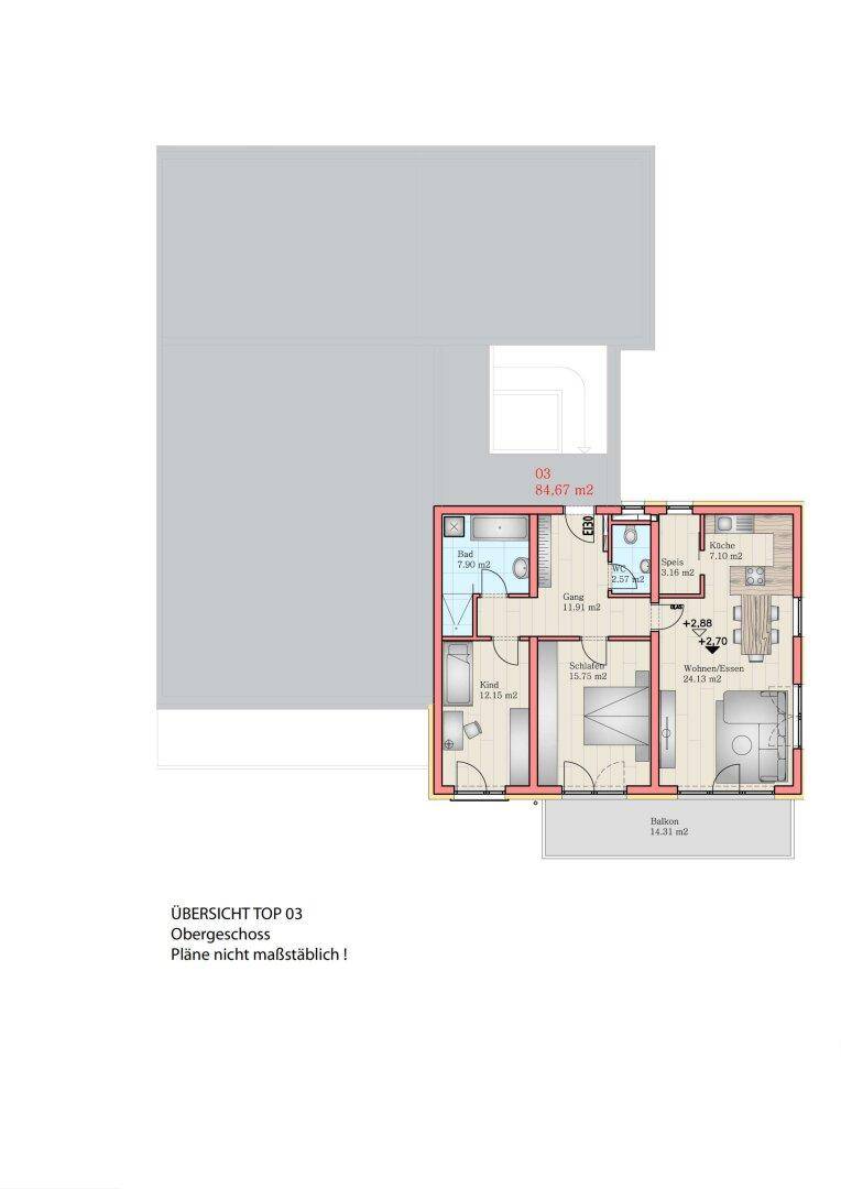 Grundriss des Obergeschosses mit offenem Wohn-Essbereich, Küche, zwei Schlafzimmern und einem Balkon.