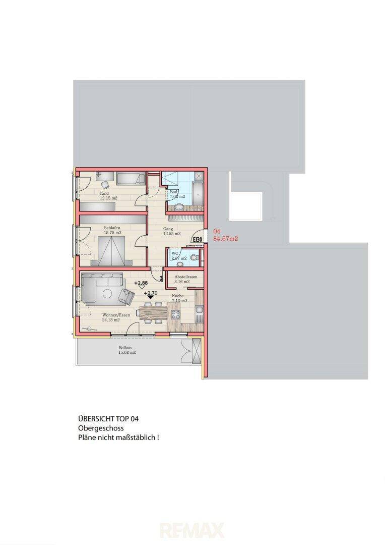 Grundriss der Wohnung Top 04 im Obergeschoss mit Balkon und drei Zimmern.