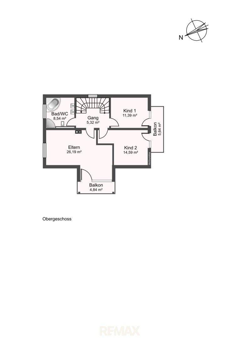 Grundriss des Obergeschosses mit zwei Kinderzimmern, Schlafzimmer und Bad.
