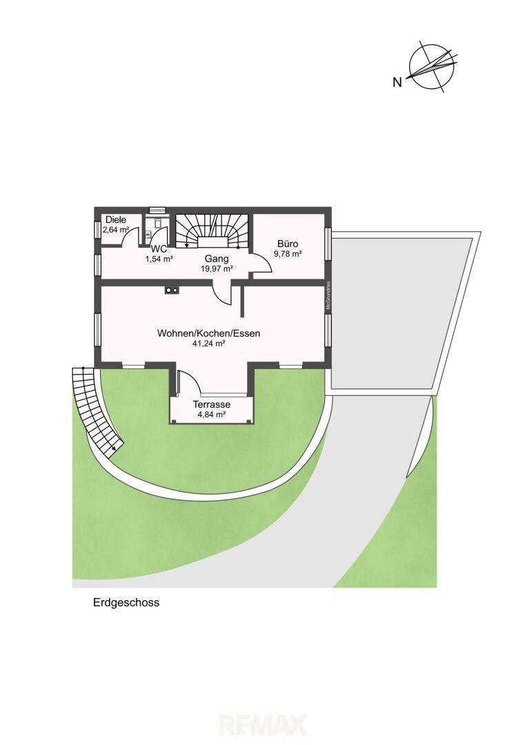Grundriss des Erdgeschosses mit offenem Wohn-/Koch-/Essbereich und Terrasse.