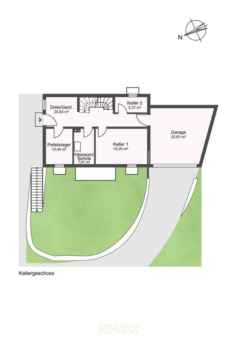 Grundriss des Kellergeschosses mit Garage, Technikraum und Lagerräumen.