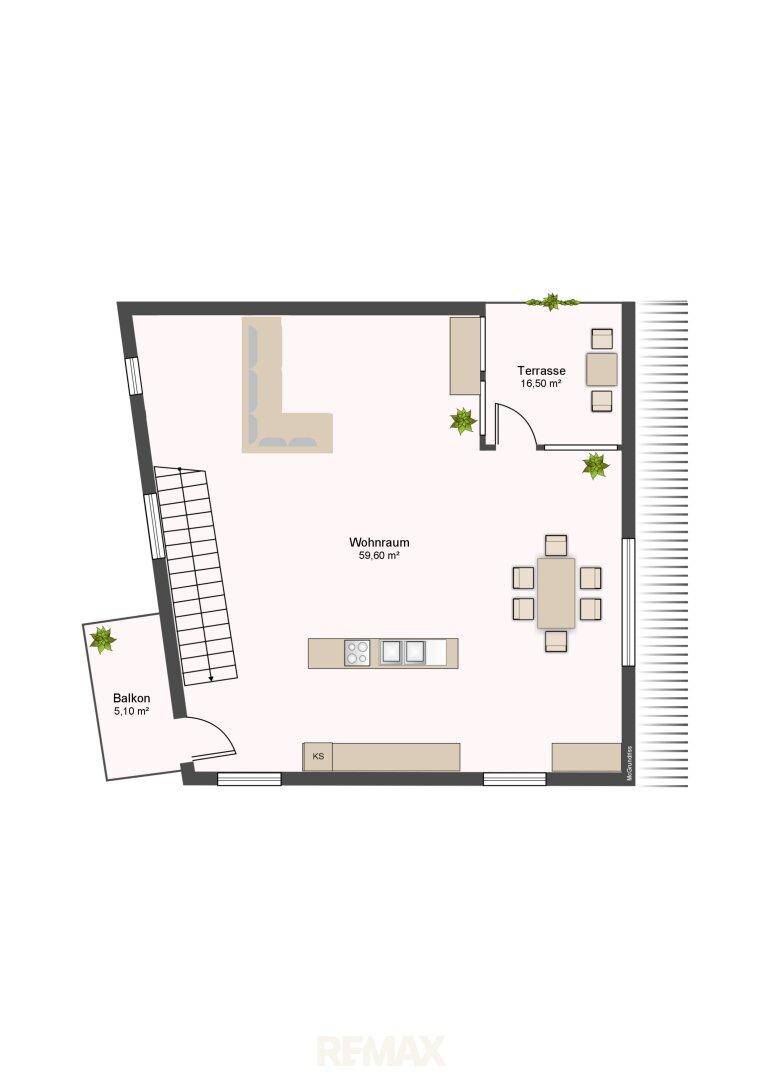 Grundriss der oberen Etage mit offenem Wohnbereich, Küche, Terrasse und Balkon.