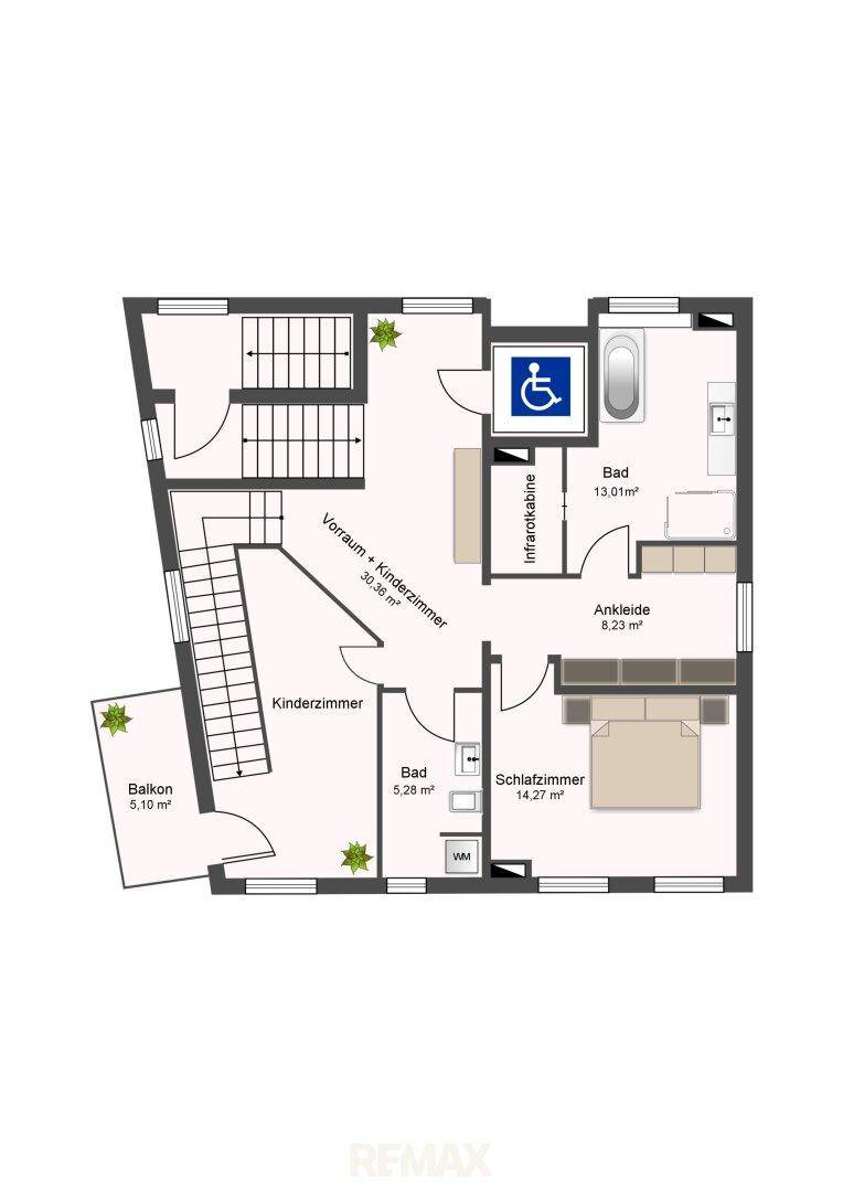 Grundriss der unteren Etage mit Schlafzimmern, zwei Bädern und einem Balkon.
