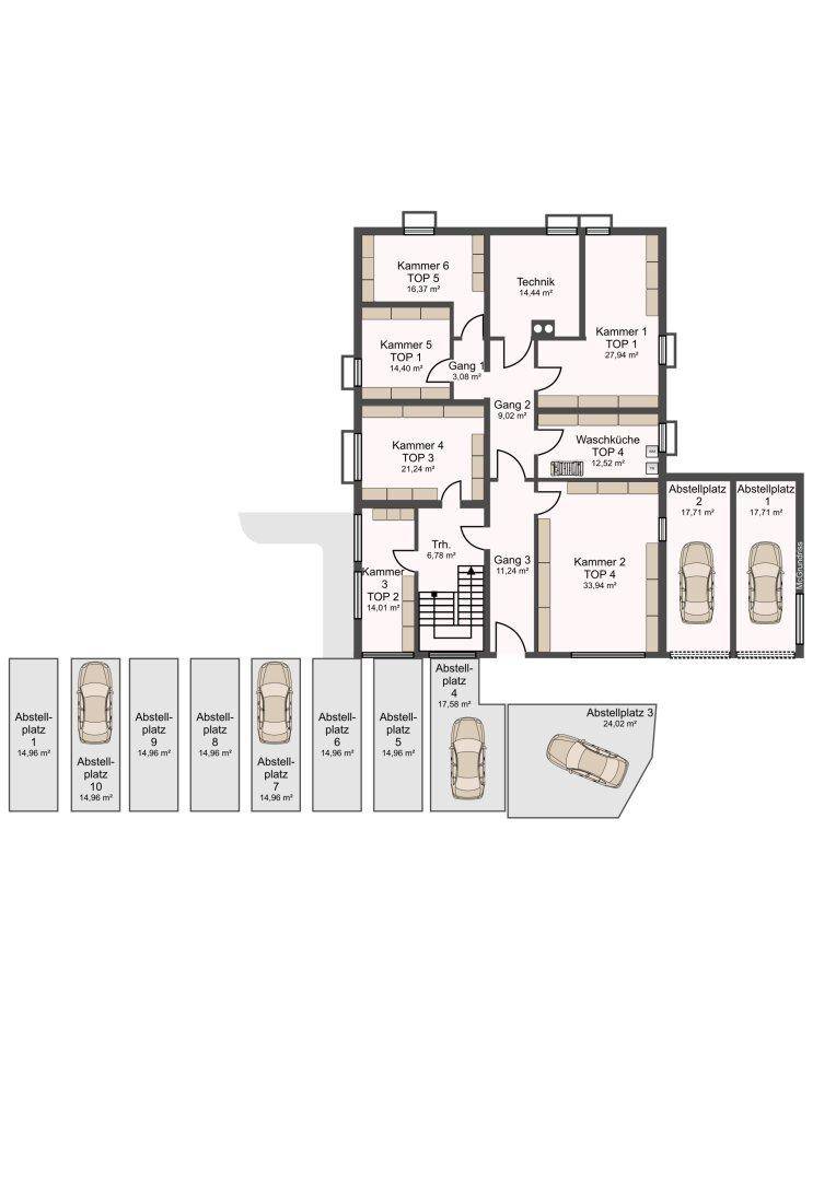 Grundriss des Untergeschosses mit Abstellräumen und Parkplätzen.