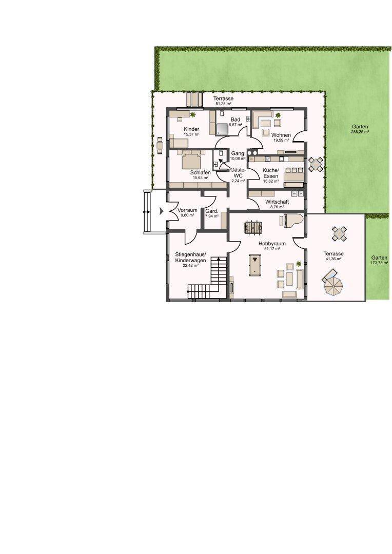 Grundriss des Erdgeschosses mit Wohnbereich, Küche, Terrasse und Garten.