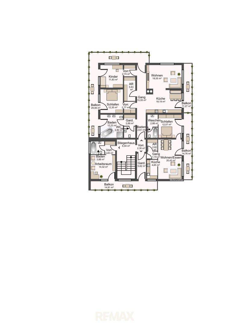 Grundriss einer Etage mit mehreren Zimmern, Bädern und Balkonen.