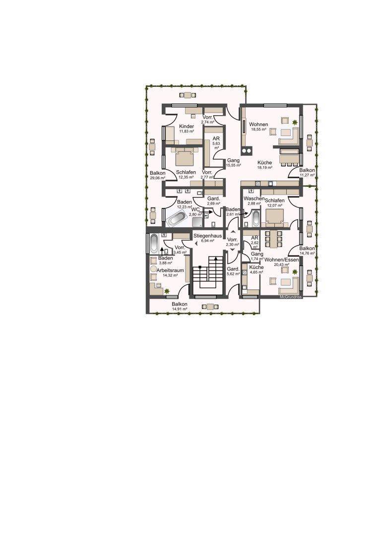 Grundriss des ersten Obergeschosses mit mehreren Schlafzimmern, Bädern und Balkonen.