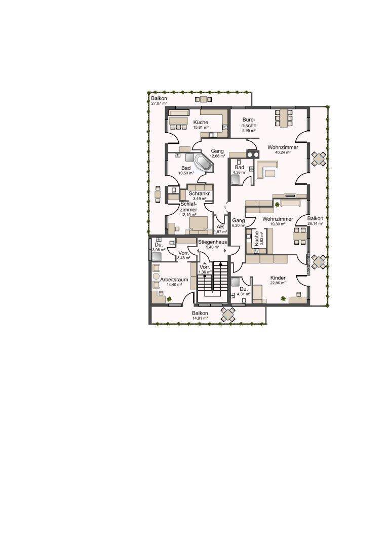 Grundriss des zweiten Obergeschosses mit Wohnzimmern, Küchen und Balkonen.