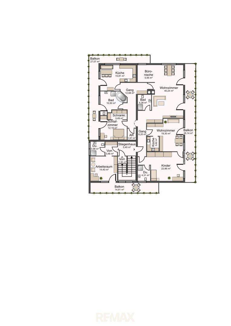Grundriss einer weiteren Etage mit Schlafzimmern, Bädern und Balkonzugängen.