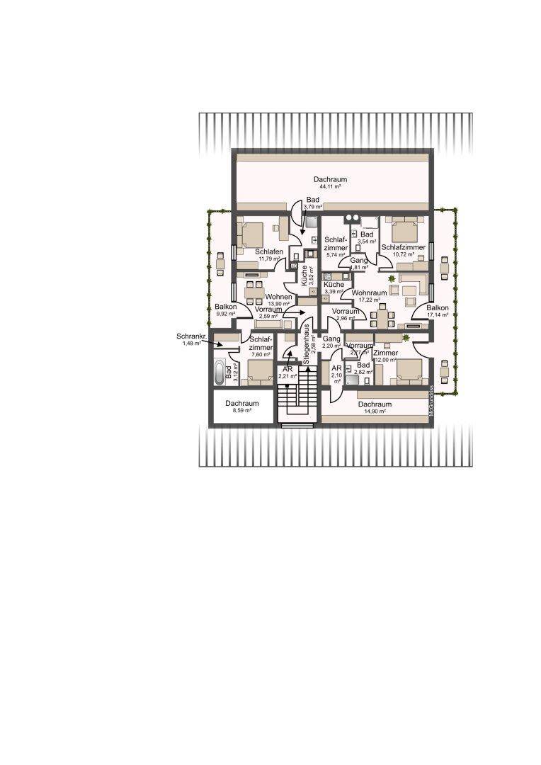 Grundriss des Dachgeschosses mit Schlafzimmern, Bädern und Balkonen.