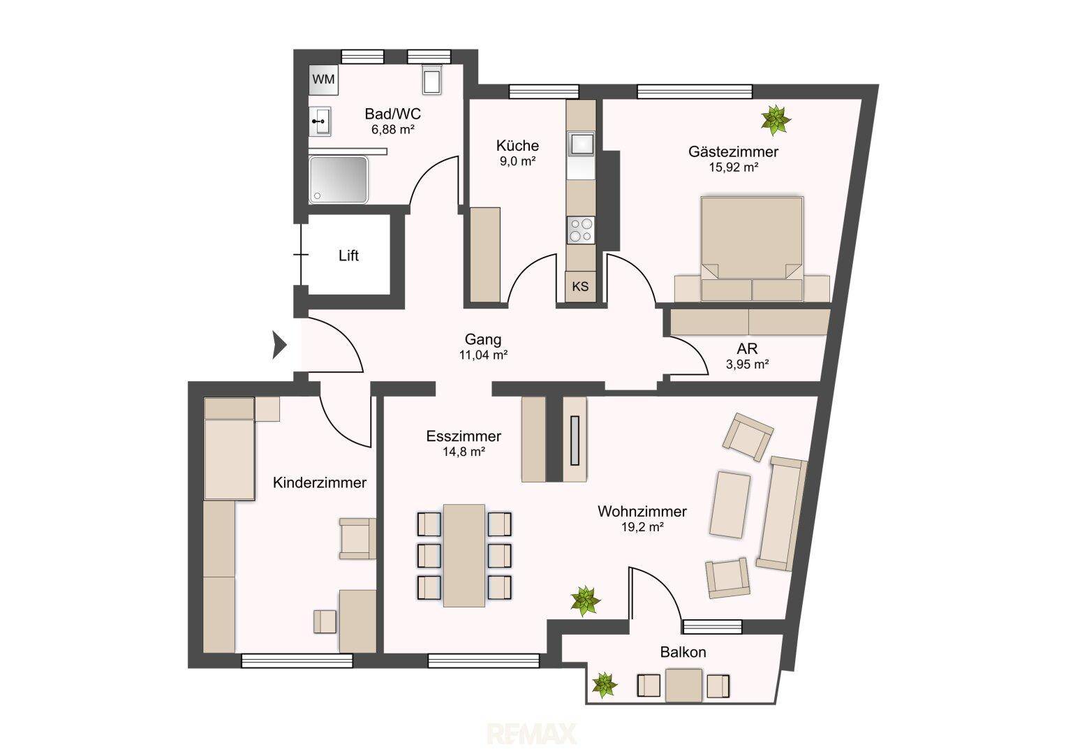 Grundriss der Wohnung mit Wohnzimmer, Esszimmer, Küche, Schlafzimmern und Balkon.