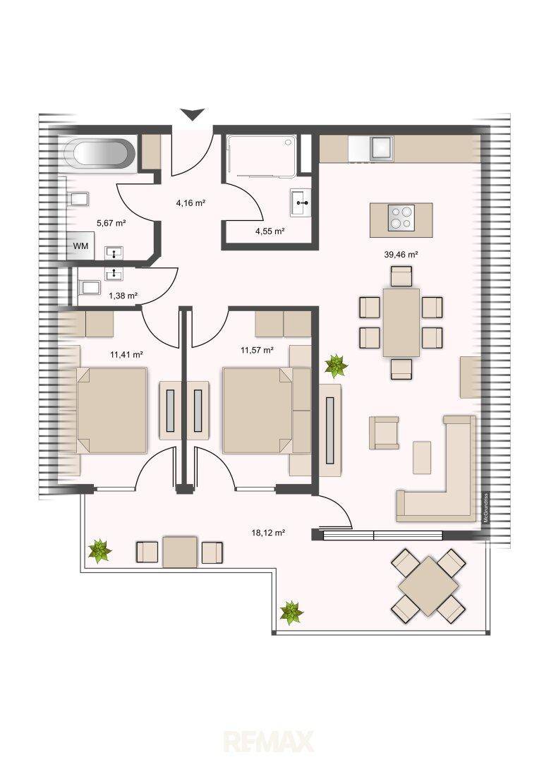 Grundriss einer Wohnung mit offenem Wohnbereich, zwei Schlafzimmern und Balkon.
