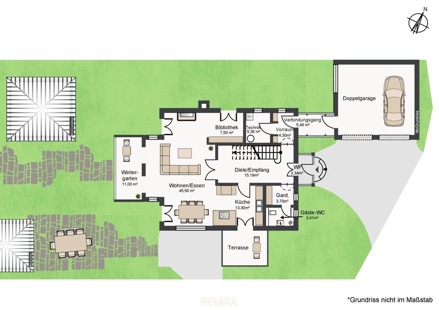 Grundriss des Erdgeschosses mit offenem Wohn-/Essbereich, Wintergarten und Doppelgarage.