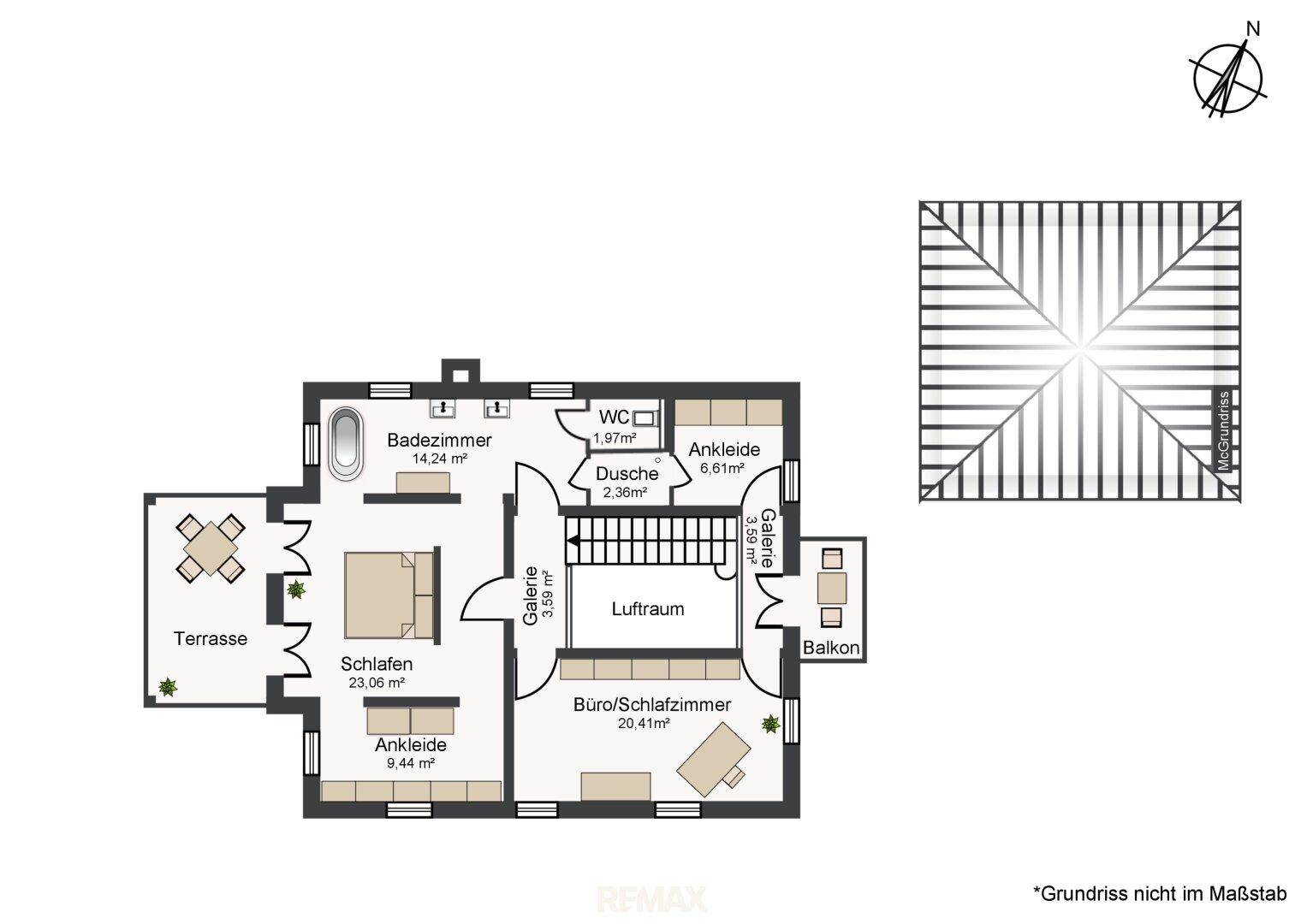 Grundriss des Obergeschosses mit Schlafzimmern, Bad, Ankleiden und Balkon.