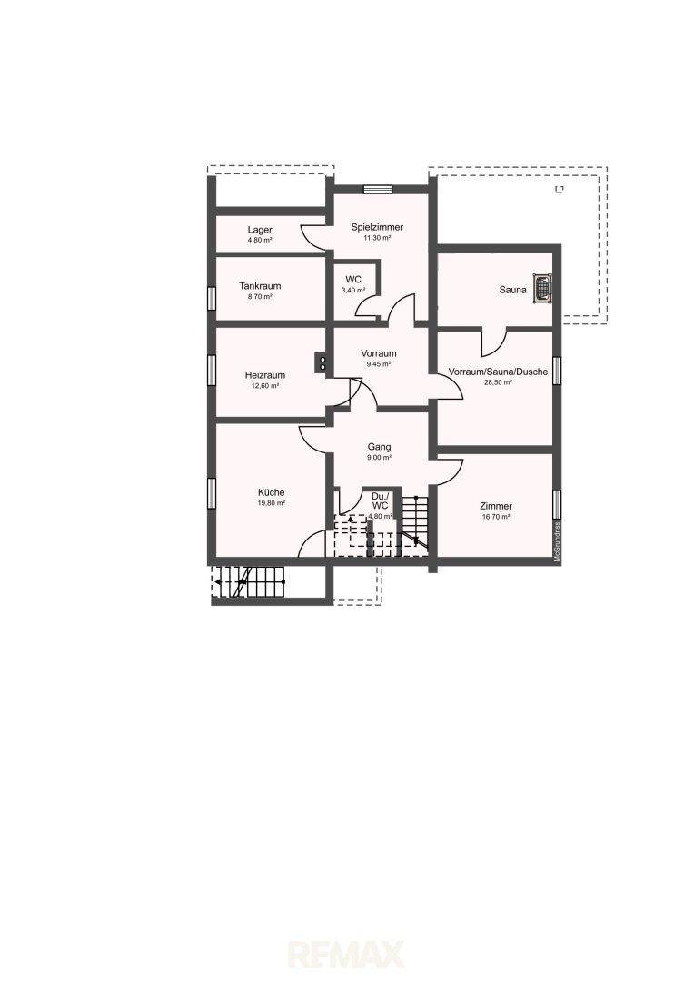 Grundriss des Untergeschosses mit Lagerraum, Heizraum, WC und Sauna.