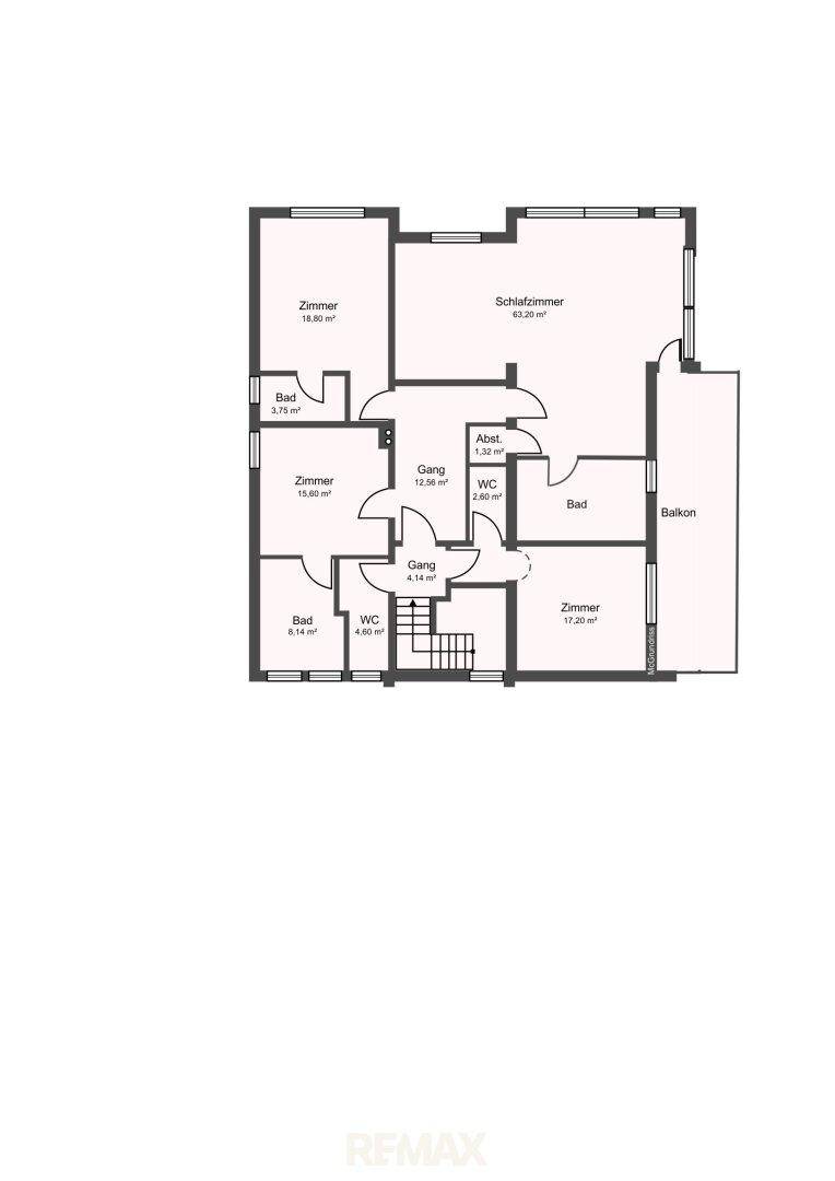 Grundriss des Obergeschosses mit Schlafzimmern, Bädern, WC und Balkon.