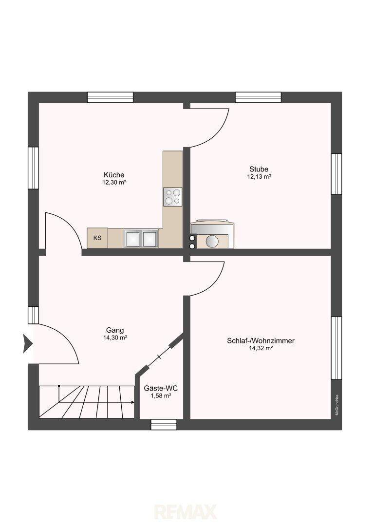 Grundrissplan des Erdgeschosses mit Küche, Wohnzimmer, Gäste-WC und Flur.