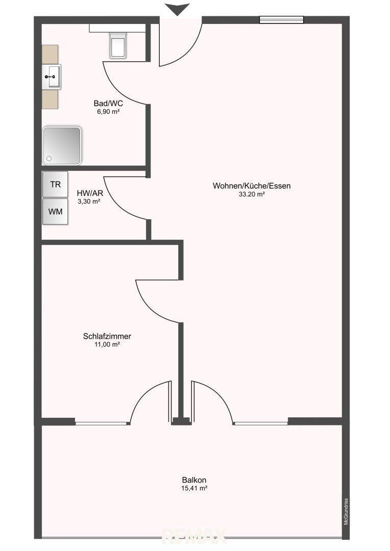 Grundrissplan einer Wohnung mit offenem Wohnbereich, Schlafzimmer und Balkon.