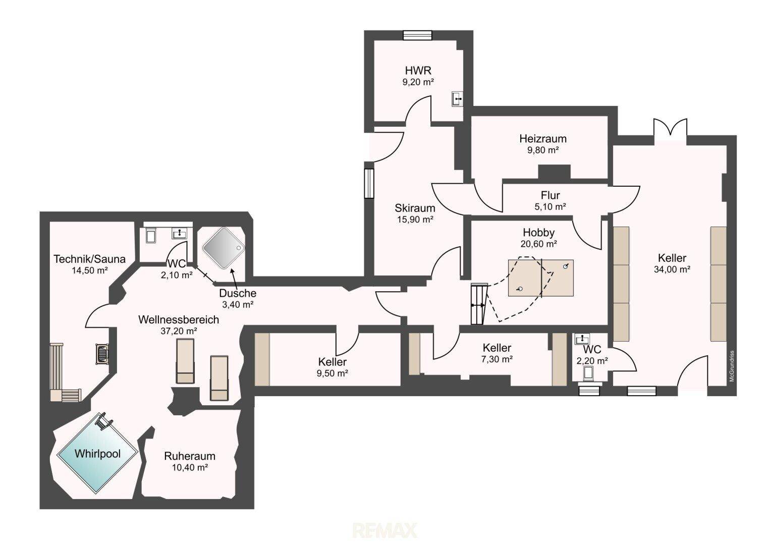 Grundriss des Untergeschosses mit Wellnessbereich, Sauna, Whirlpool und mehreren Kellerräumen.