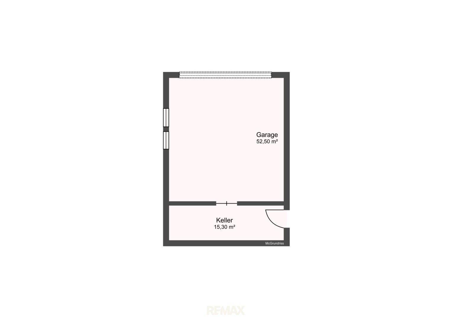 Grundriss der Garage mit zusätzlichem Kellerabteil, ideal für Fahrzeuge und Lagerung.