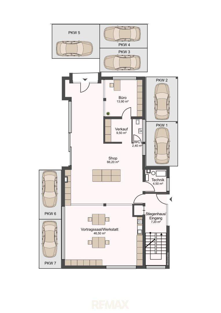 Grundrissplan des Erdgeschosses mit Büro, Verkaufsraum und mehreren Parkplätzen.