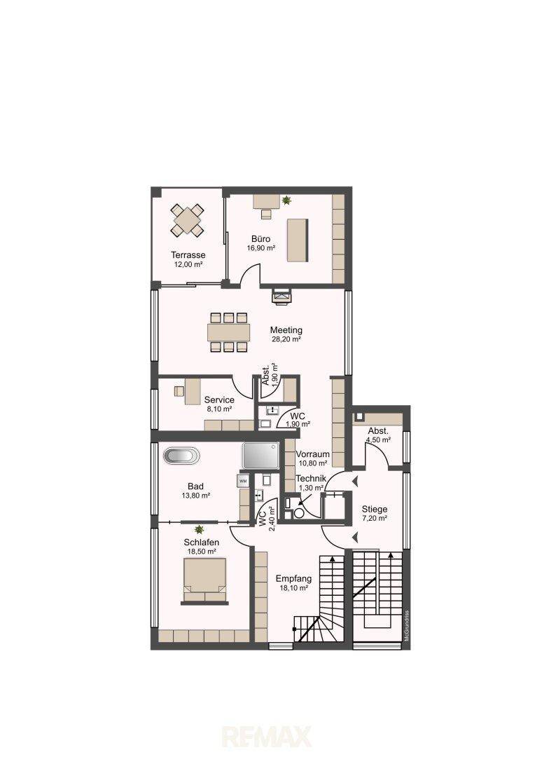 Grundrissplan des Obergeschosses mit Schlafzimmer, Bad, Büro und Terrasse.