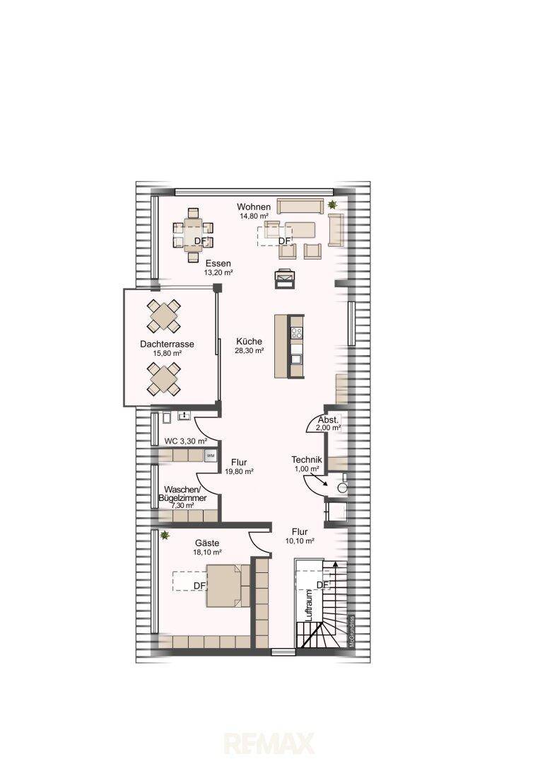 Grundrissplan des Dachgeschosses mit Wohn-, Ess- und Küchenbereich sowie Dachterrasse.