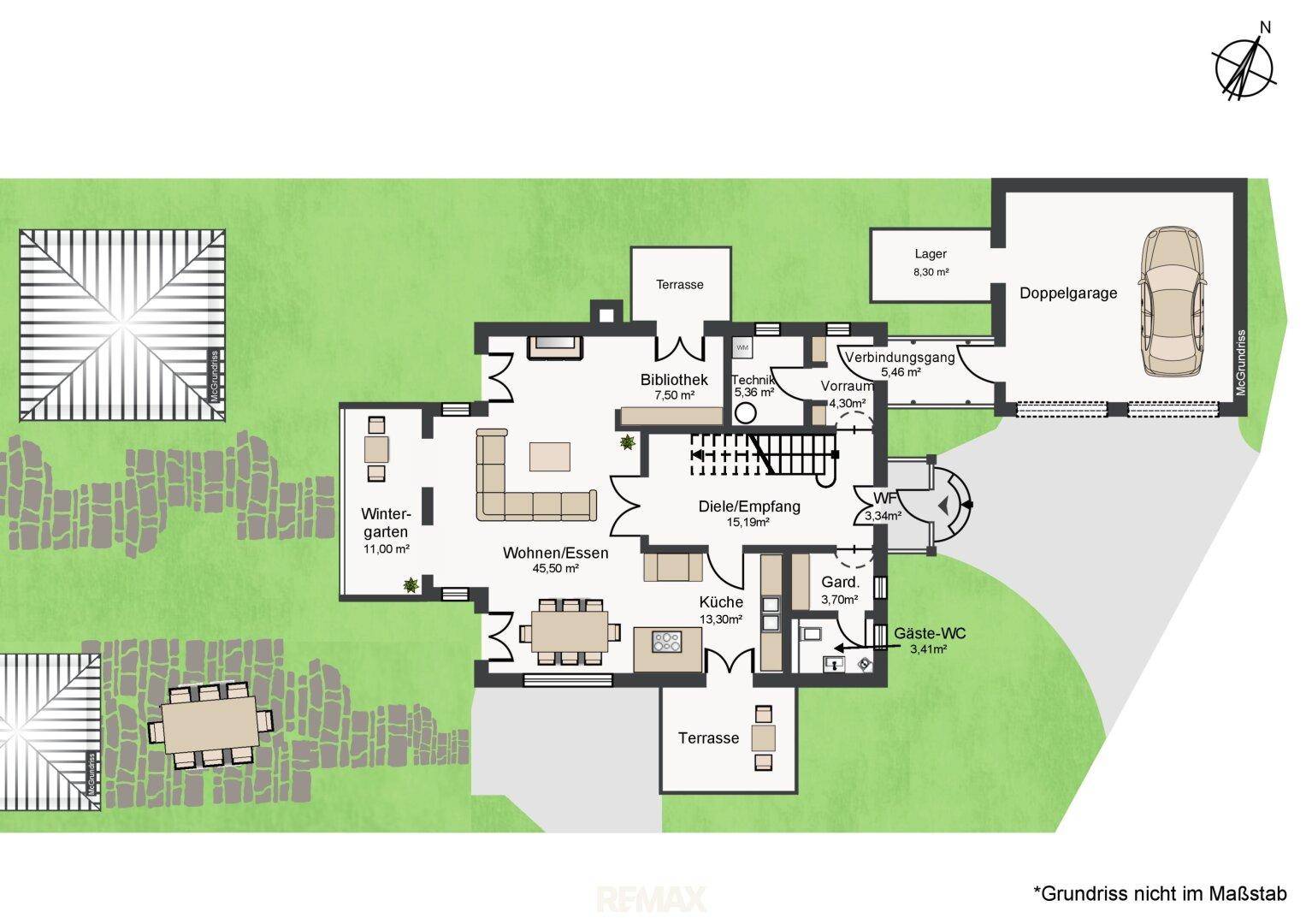 Grundriss des Erdgeschosses mit Wohn-Essbereich, Küche, Wintergarten und Doppelgarage.