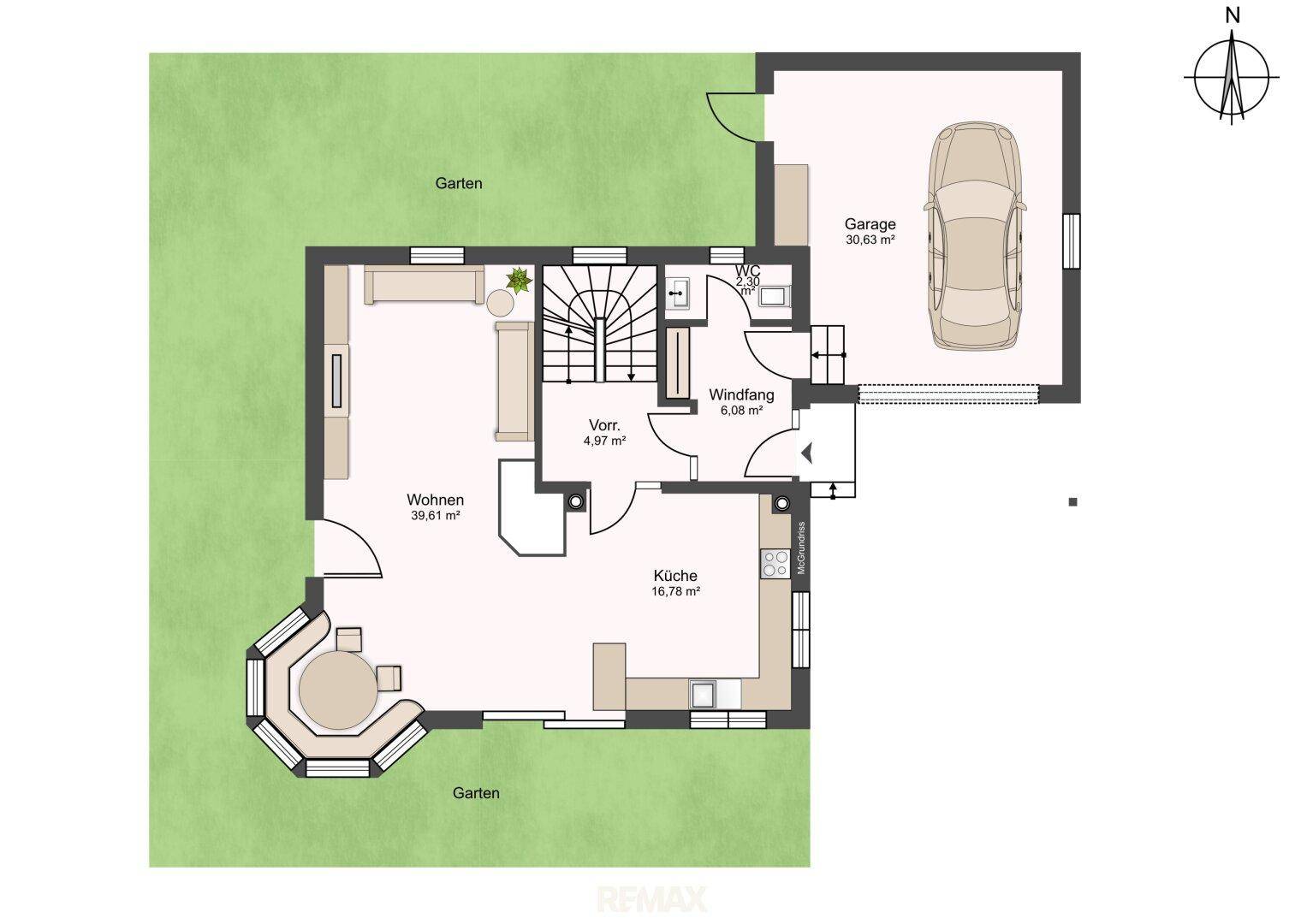 Grundriss des Erdgeschosses mit offener Küche, Wohnbereich und Garage.