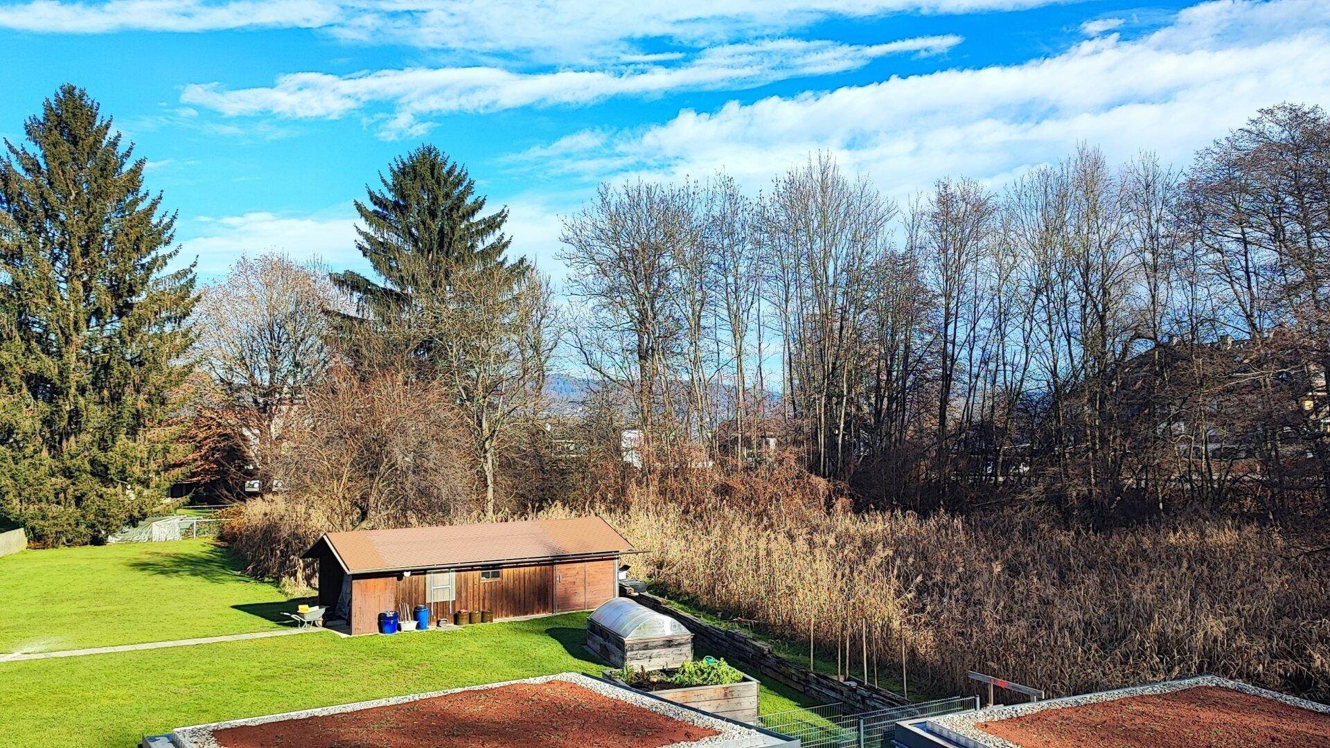 Weitläufige grüne Landschaft mit Bäumen, einem Gartenhaus und Blick auf die Natur.