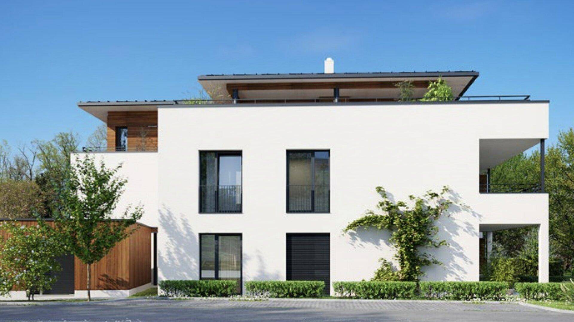 Moderne weiße Fassade des Gebäudes mit Holzverkleidung und gepflegter Bepflanzung im Vordergrund.