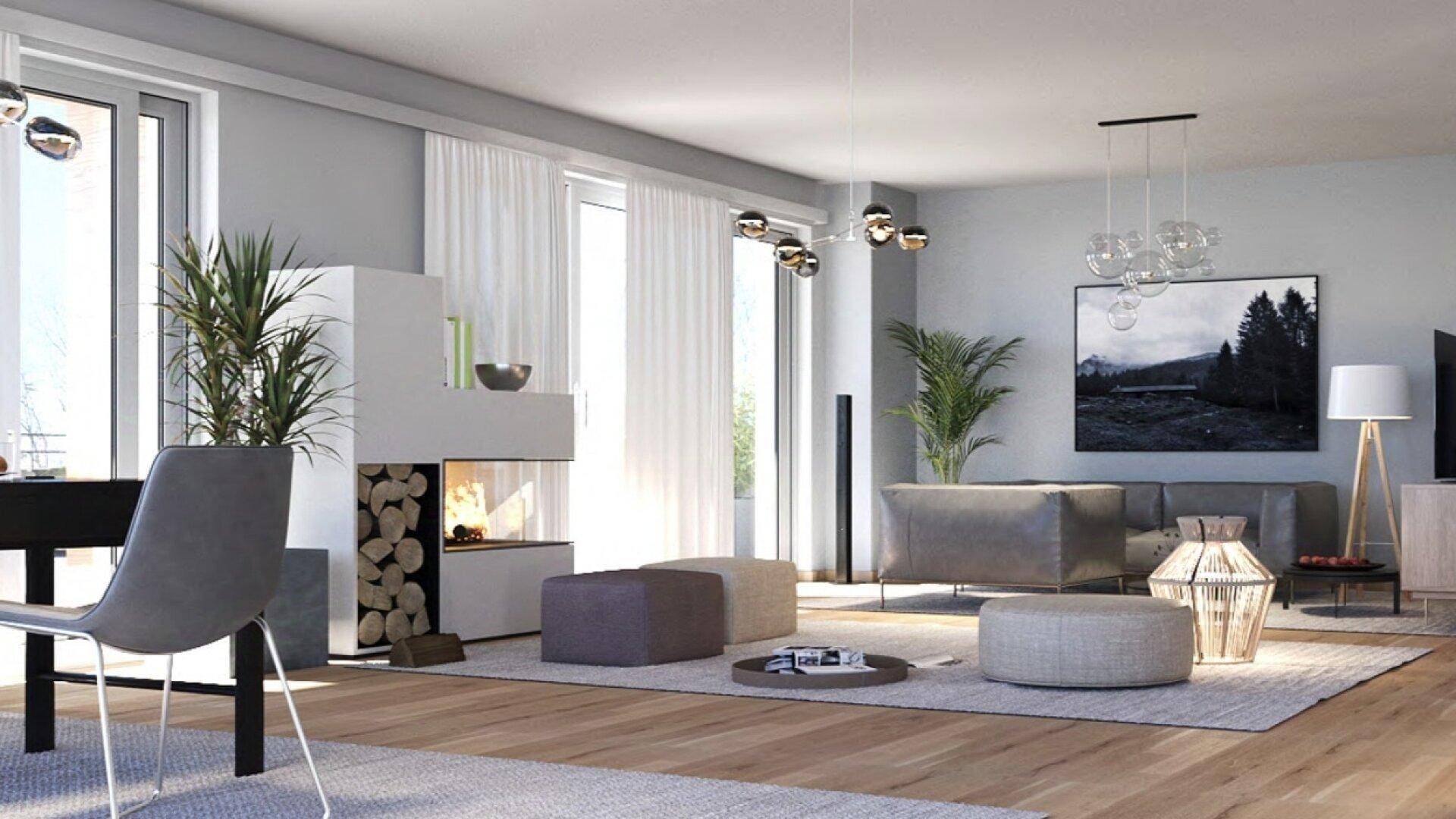 Helles Wohnzimmer mit modernem Kamin, Holzboden und stilvoller Einrichtung.