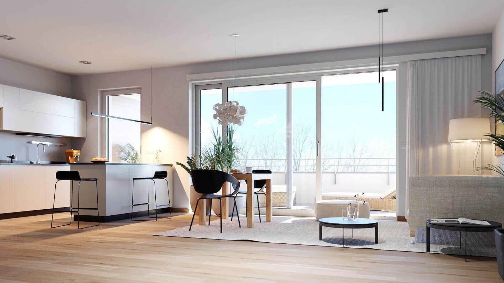 Heller offener Wohn-Essbereich mit moderner Küche, Holzboden und Zugang zu einem Balkon.