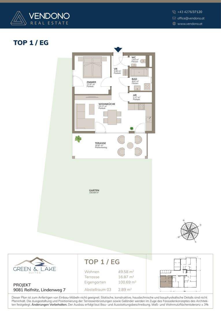 Grundriss der Erdgeschosswohnung TOP 1 mit Schlafzimmer, Wohnküche, Terrasse und Garten.